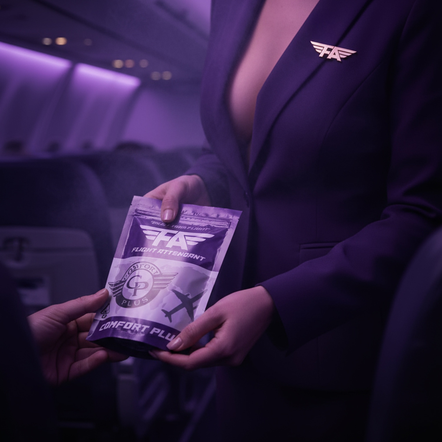 Crew handing a Comfort Plus pouch to a passenger