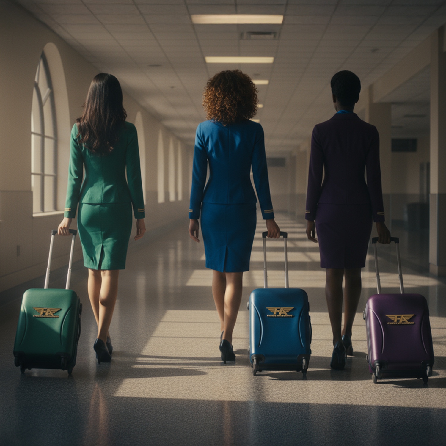Three Flight Attendant crew members walking a terminal corridor with tier-colored cases