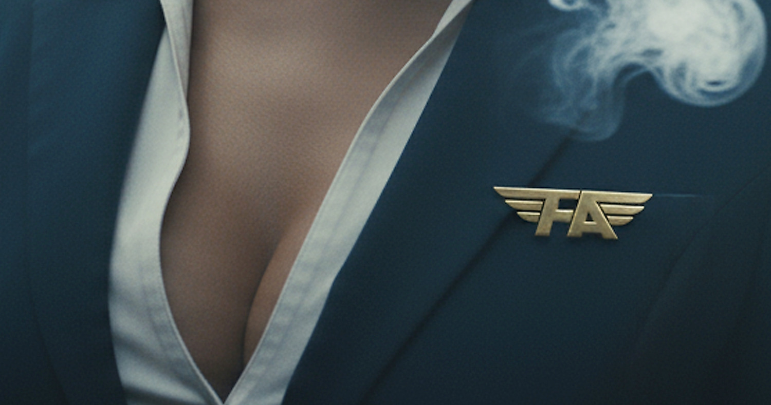 Gold Flight Attendant wings pin on a crew jacket