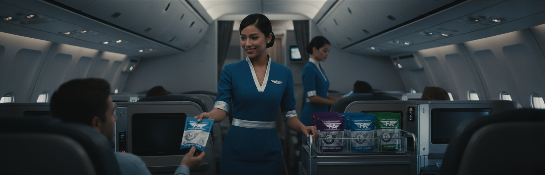 Crew serving Flight Attendant packs from the cabin cart