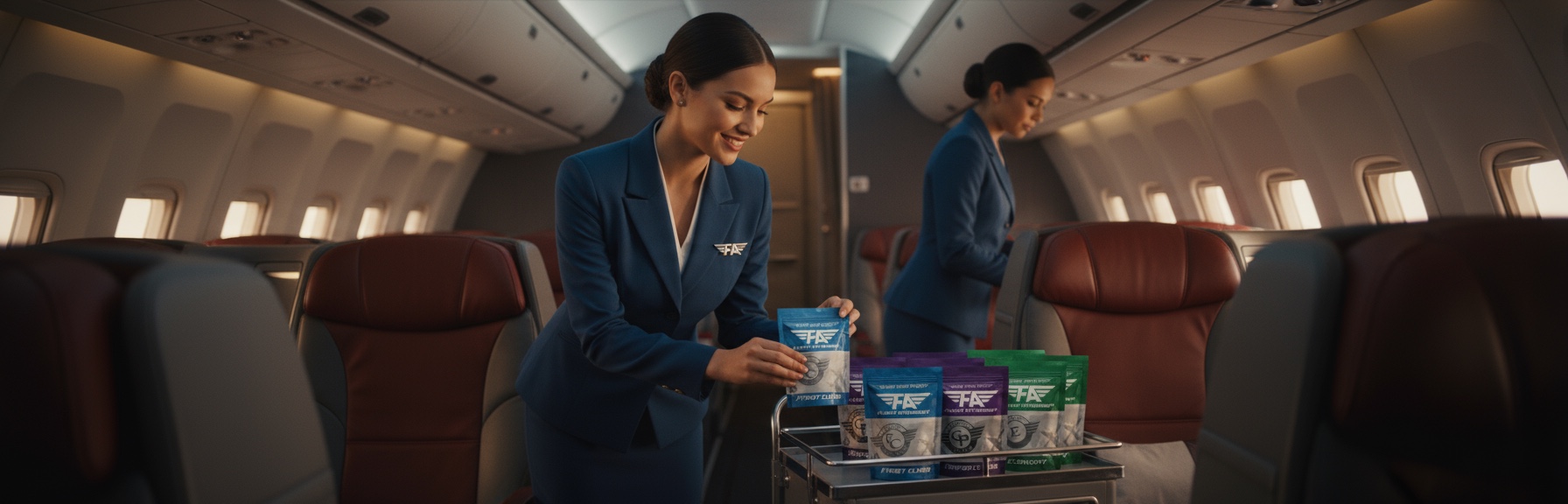 Flight Attendant crew serving packs from the cabin cart