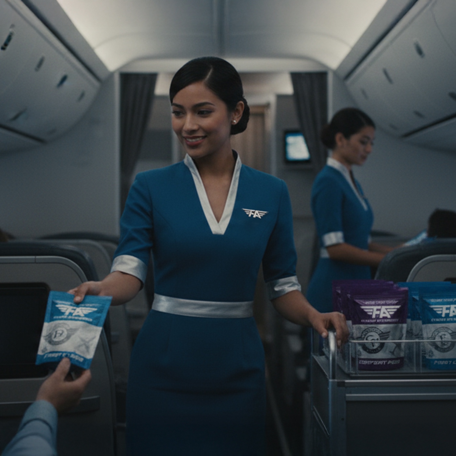 Crew handing a First Class pack across the cart